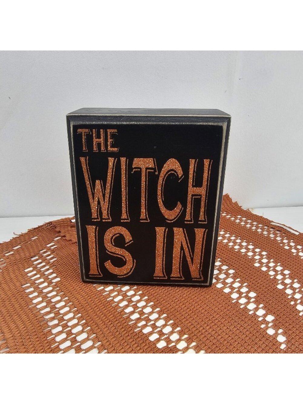 Primitives by Kathy "The Witch Is In" Wood Box Sign Halloween Decor Orange...